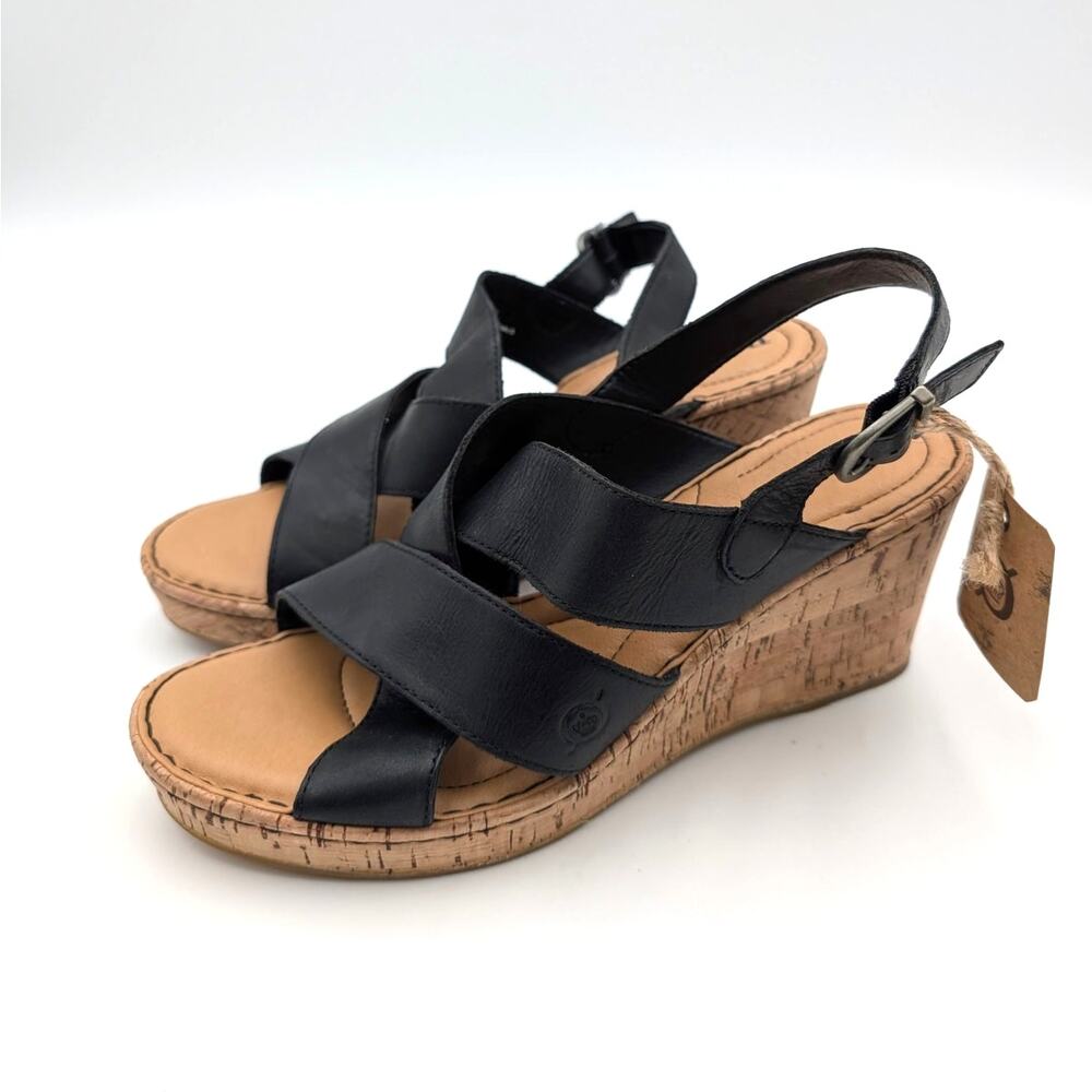 Born Sami Cork Slingback Wedge Sandals Women's Black Leather Size US9M EU39.5